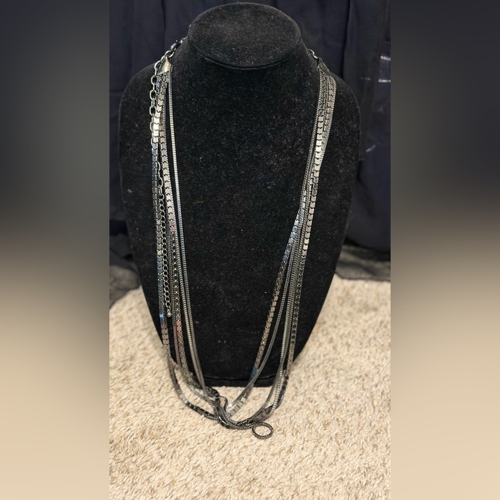 Chico’s Gunmetal Multi-Chain Statement Necklace Layered Fringe Tassel - Picture 1 of 8